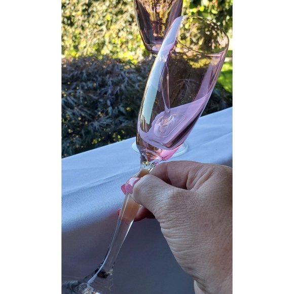 Pier 1 Iridescent Rose Pink Champagne Flutes Set flower stem top - Picture 5 of 9